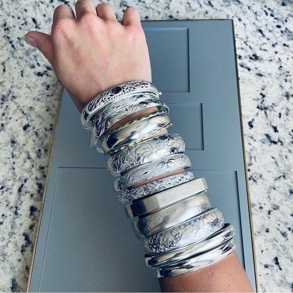 Vintage Birds Flowers Textured Sterling Silver Chinese Japanese Cuff Bra… - Picture 10 of 10